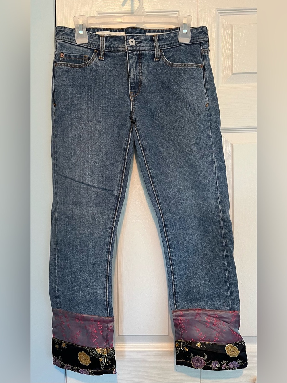 Pilcro and the Letterpress Blue Ankle Jeans with Floral Silk Cuffs